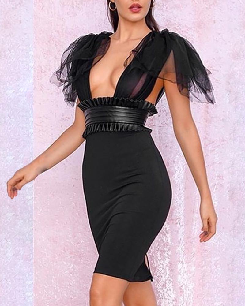 

Mesh Patchwork Backeless Low Cut Dress, Black