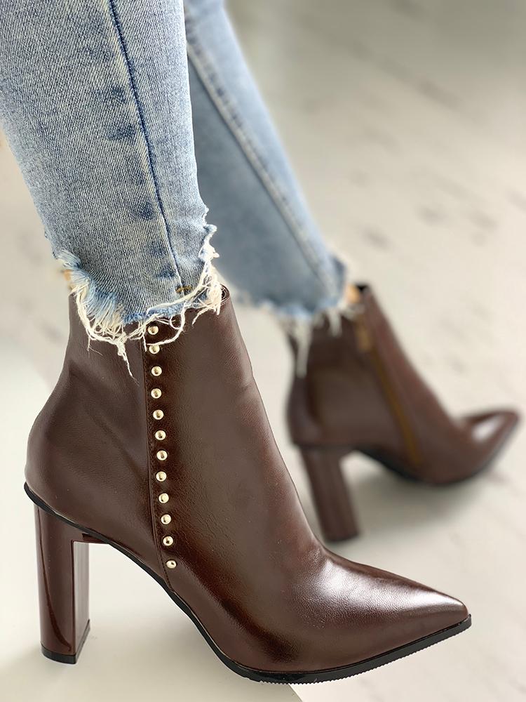 

Rivet Embellished Chunky Heel Boot, Brown
