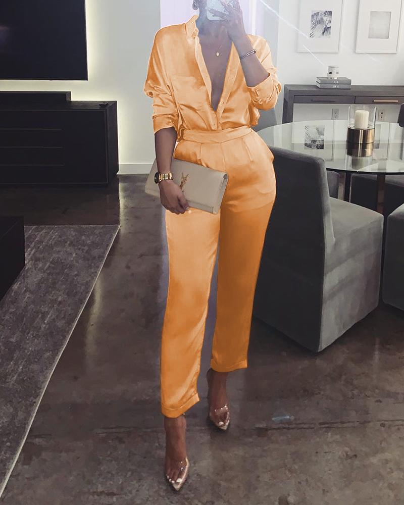 

Low Cut Satin Blouse + Pants Set, Yellow