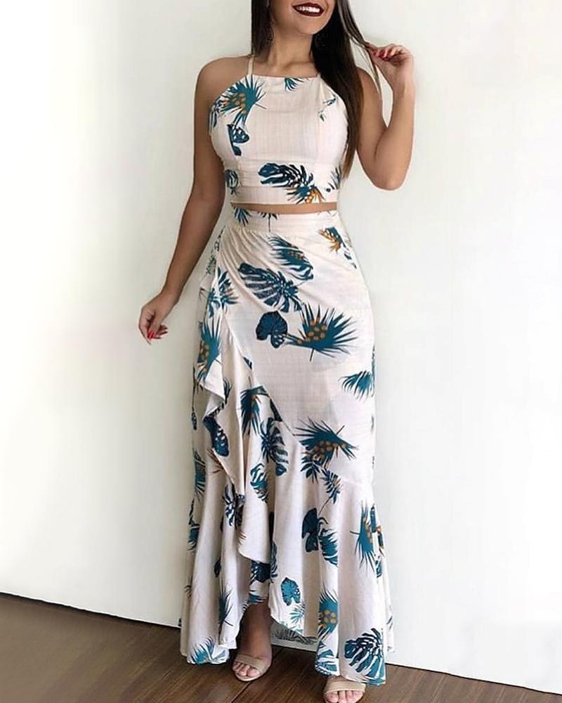 

Tropical Print Cami Top & Ruffles Skirt Sets, Beige