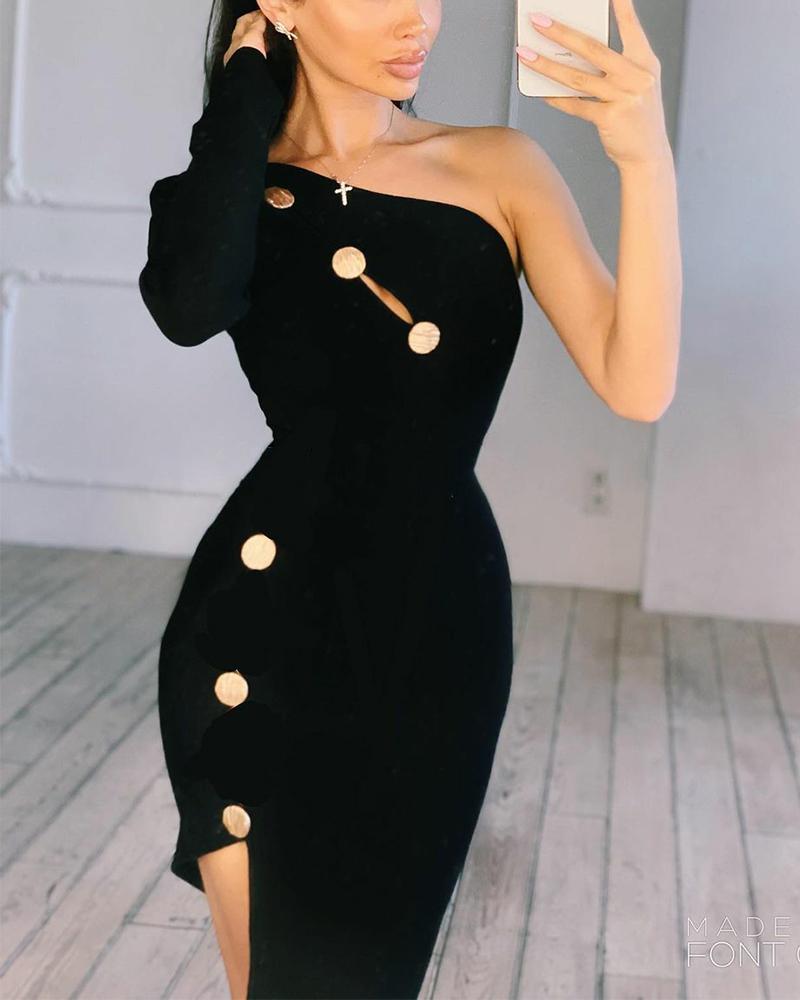 

Solid Color Button Long Sleeve Dress, Black