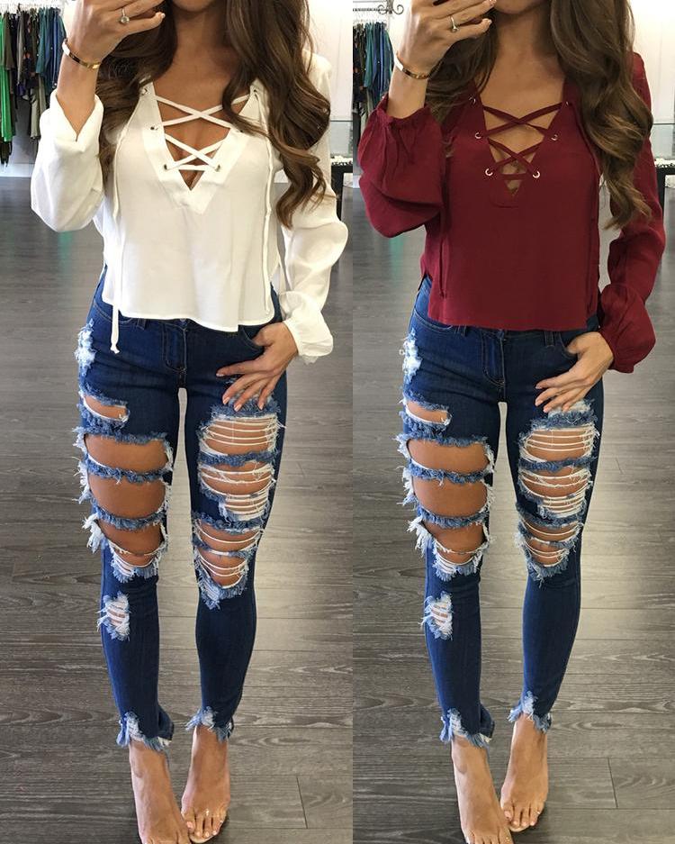 

Lace Up Side Split Plunge Blouse, White;black