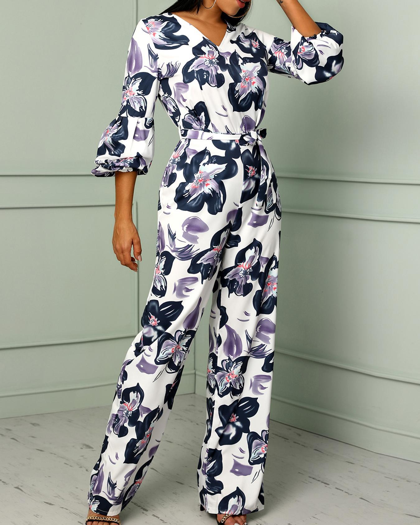 

Floral Print Puff Sleeve Belted Flared Jumpsuit, White