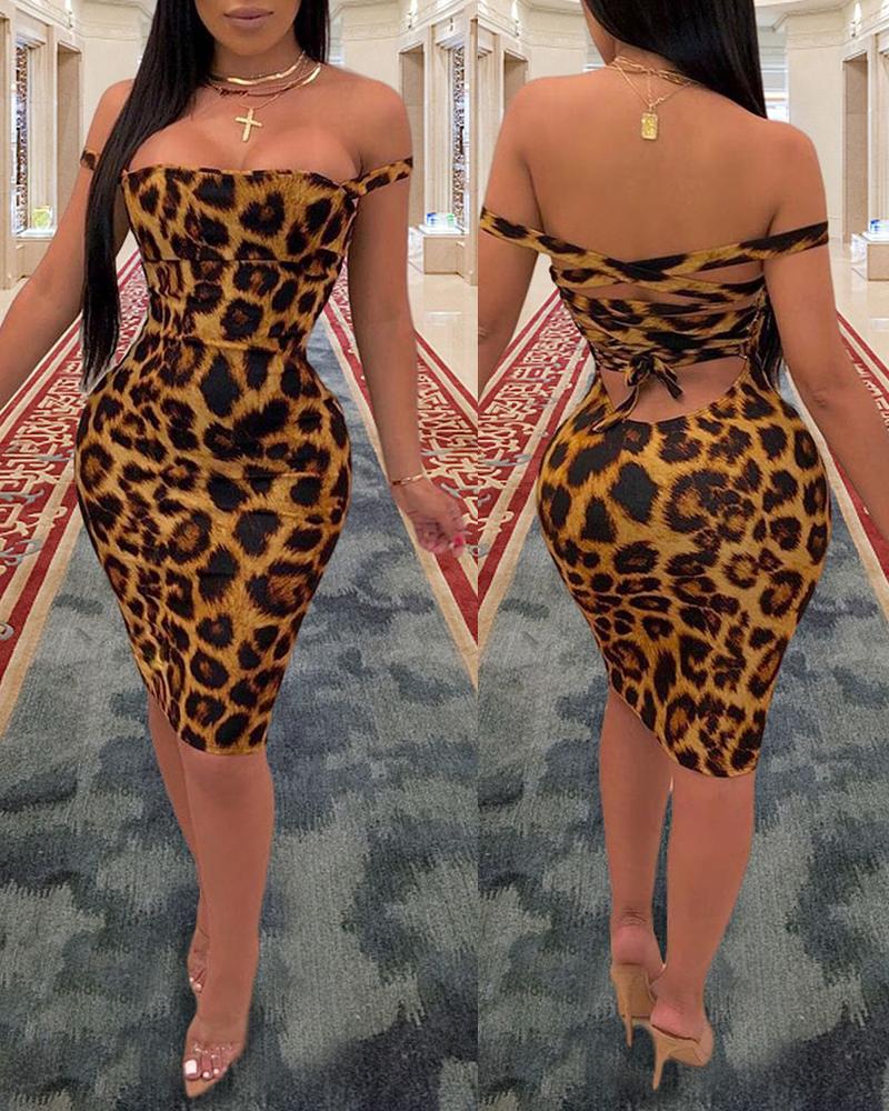 

Cheetah Print Lace-up Backless Midi Dress, Leopard