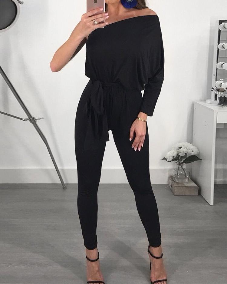 

One Shoulder Batwing Sleeve Belted Jumpsuit, Black