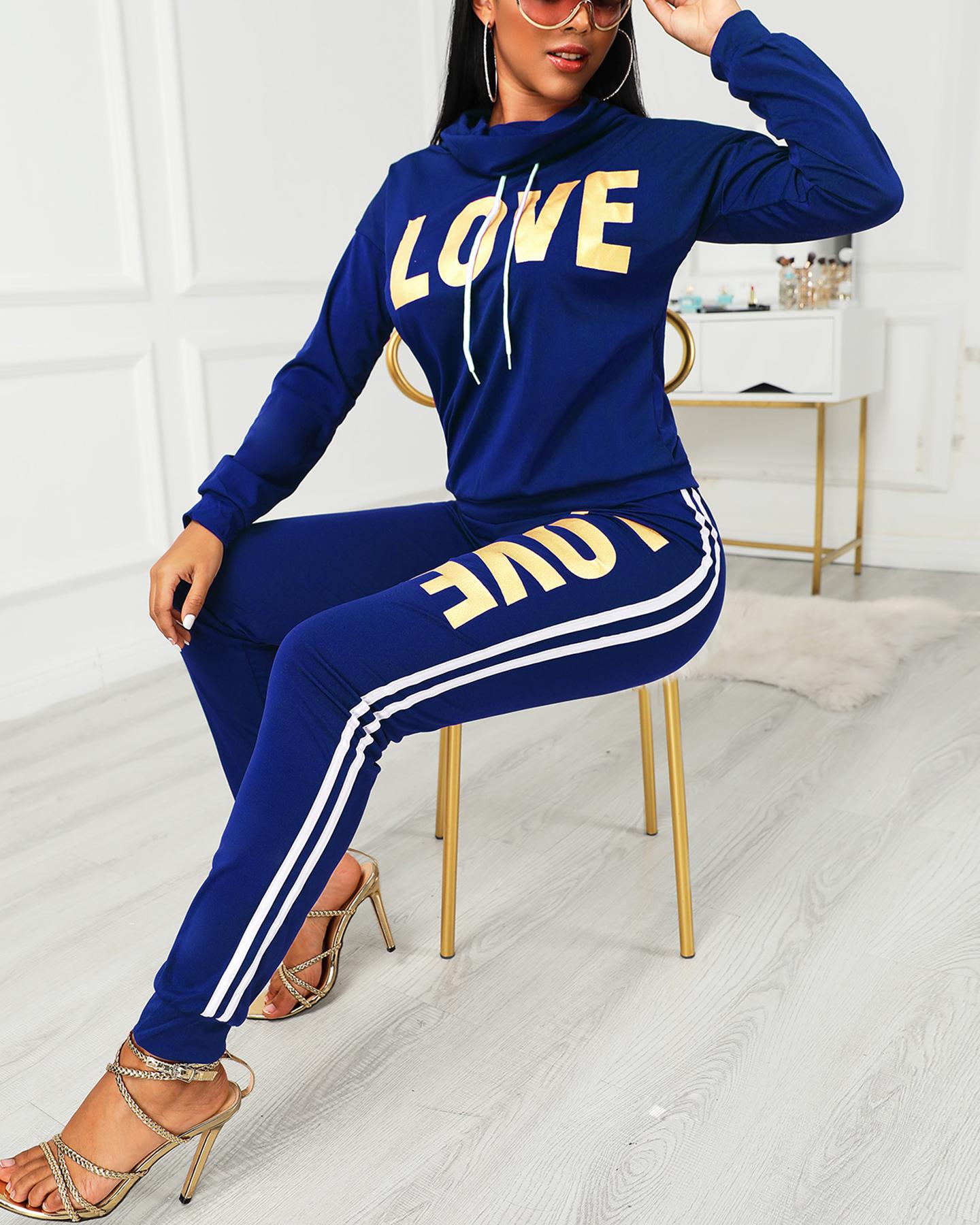 

Letter Print Heap Neck Top & Striped Tape Pants Set, Blue