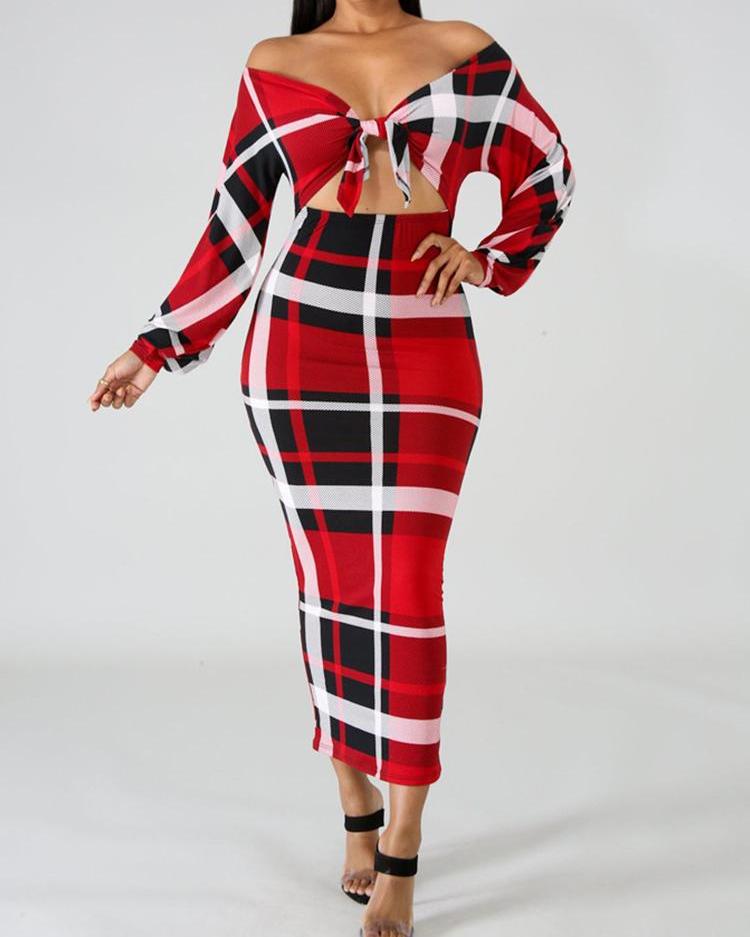 

Off Shoulder Knotted Cut Out Plaid Dress, Red