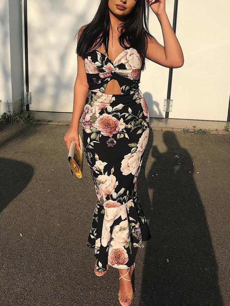 

Floral Print Cutout Scrunch Front Fishtail Dress