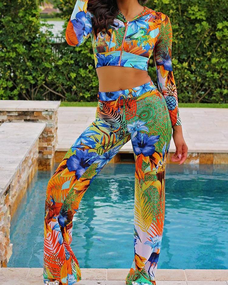 

Floral Print Zipper Hooded Crop Top & Pants Set, Multicolor