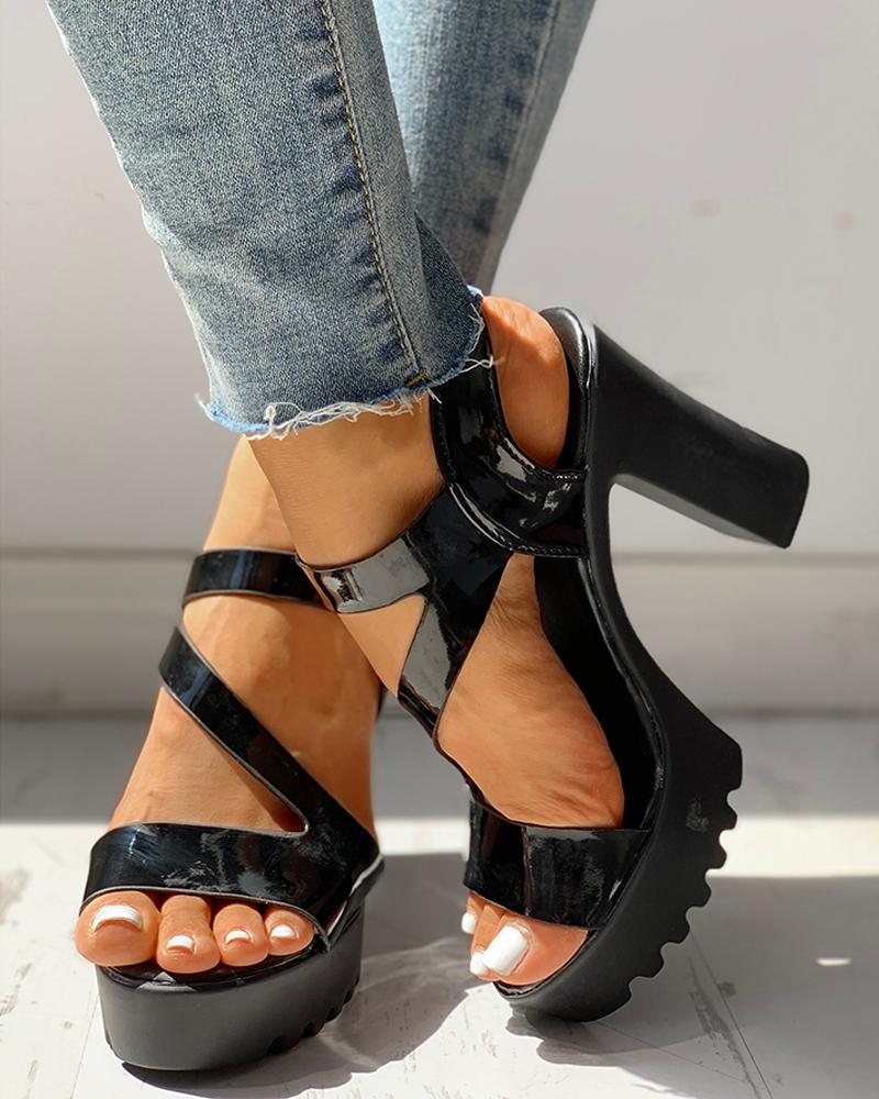 

Open Toe Ankle Strap Platform Chunky Heeled Sandals, Black