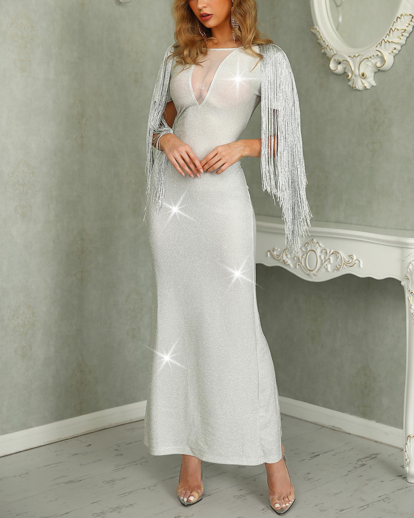 

Glitter Tassel Detail Mesh Insert Evening Dress, Silver