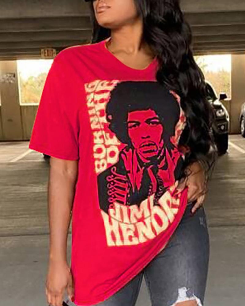 

Figure Print Short Sleeve Casual T-Shirt, Red