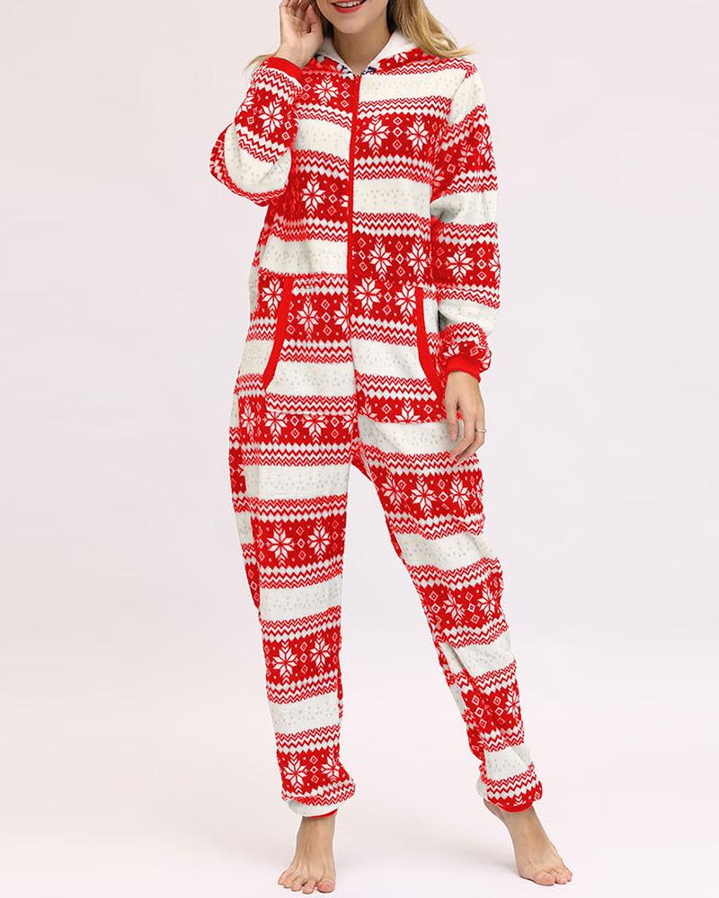 

Christmas Mixed Print Hooded Lounge Jumpsuit, Red