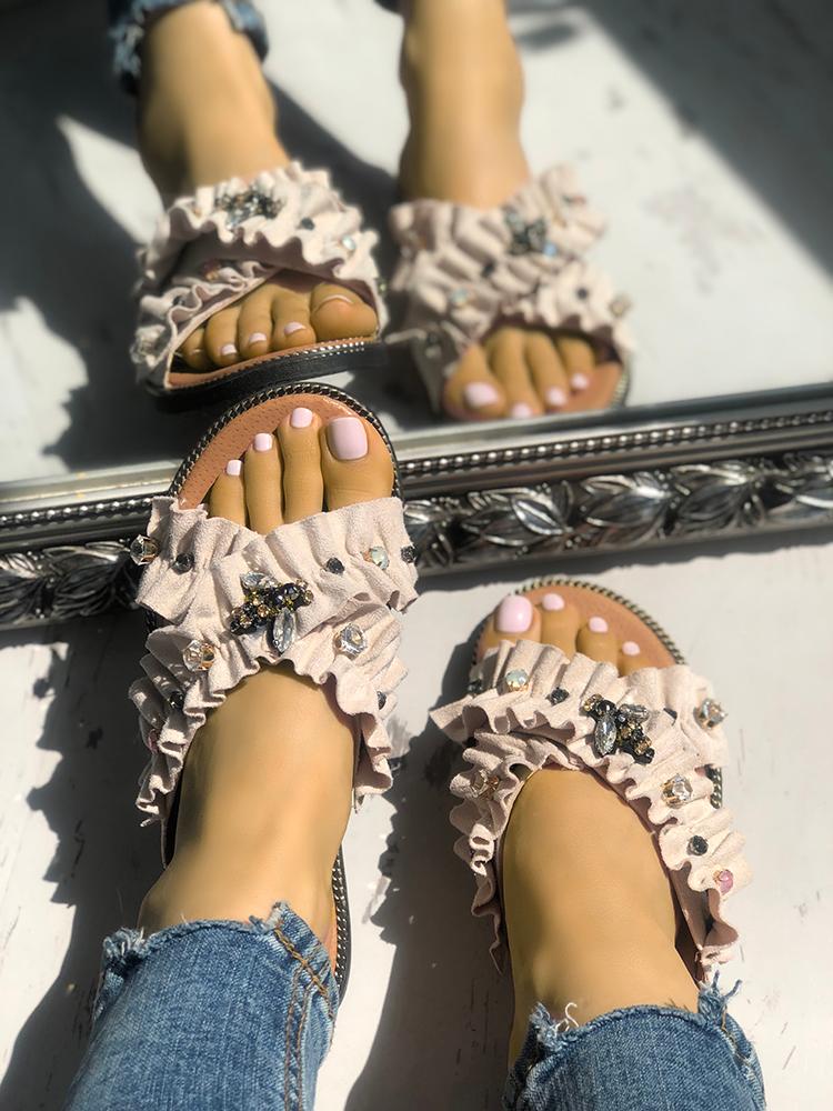 

Fashion Shiny Crisscross Peep Toe Slippers, Apricot