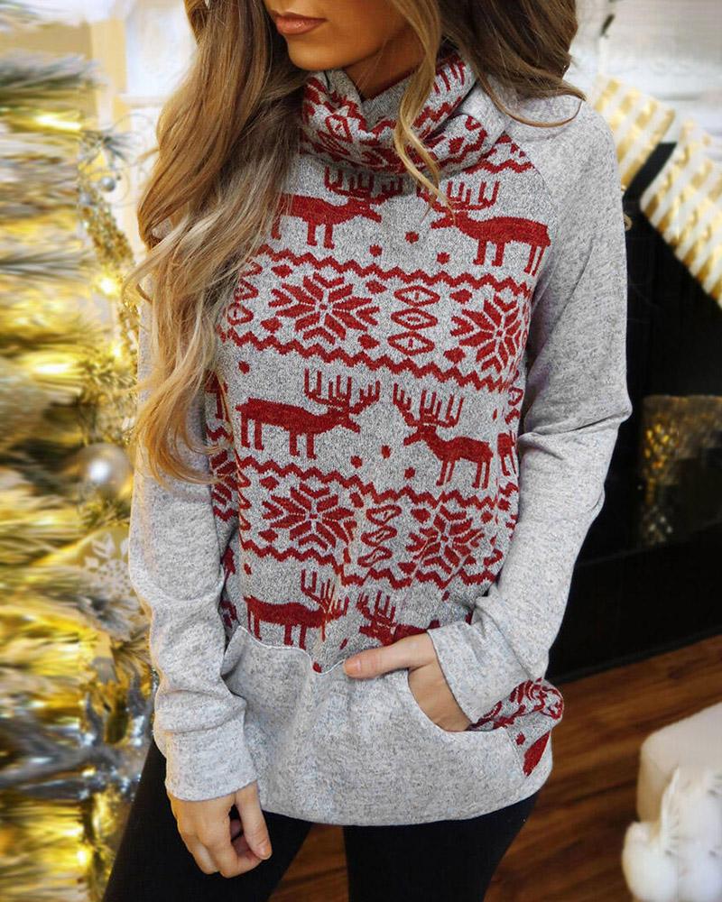 

Christmas Print Pocket Design High Neck Top, Gray