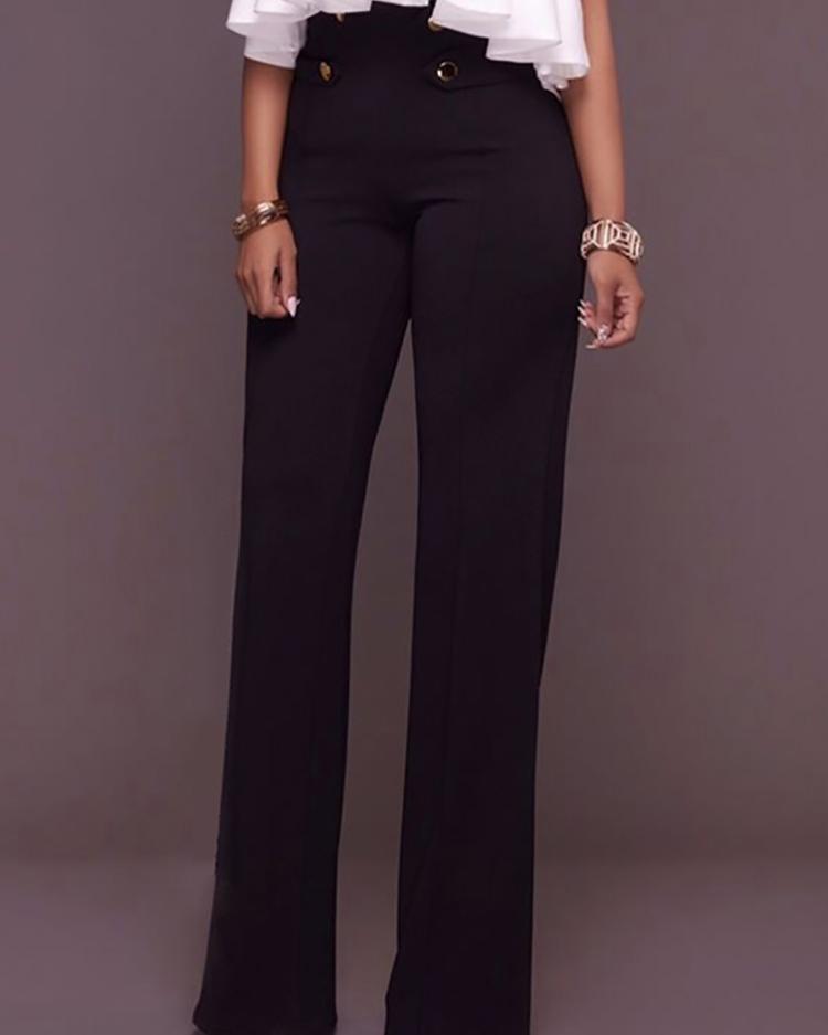 

Buttoned High Waist Wide Leg Pants, Black