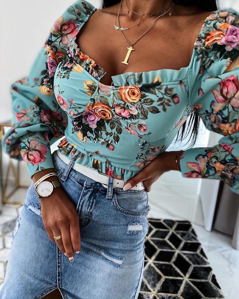 

Floral Print Square Neck Top, Green