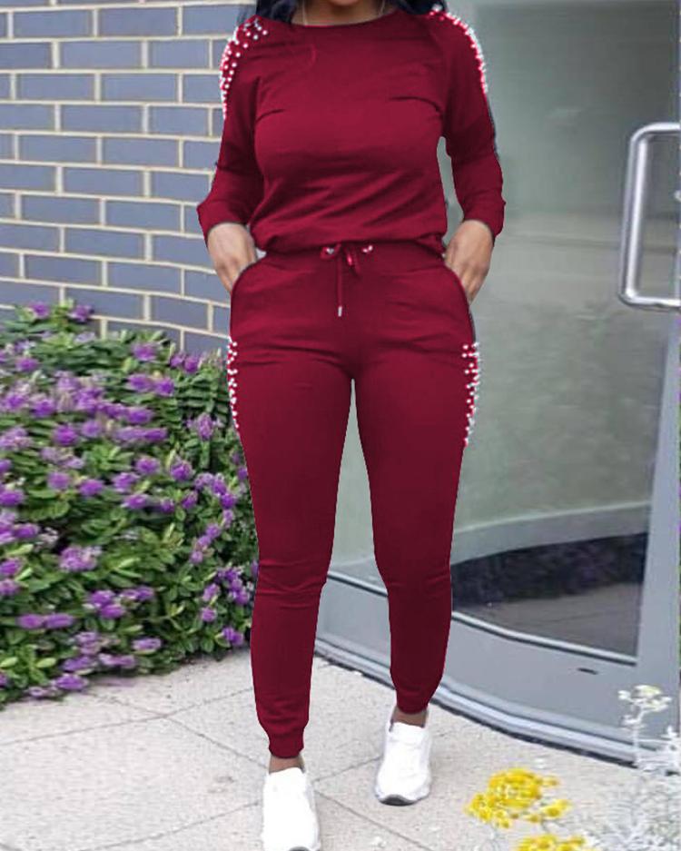 

Beading Embellished Drawstring Pocket Tracksuits, Wine red