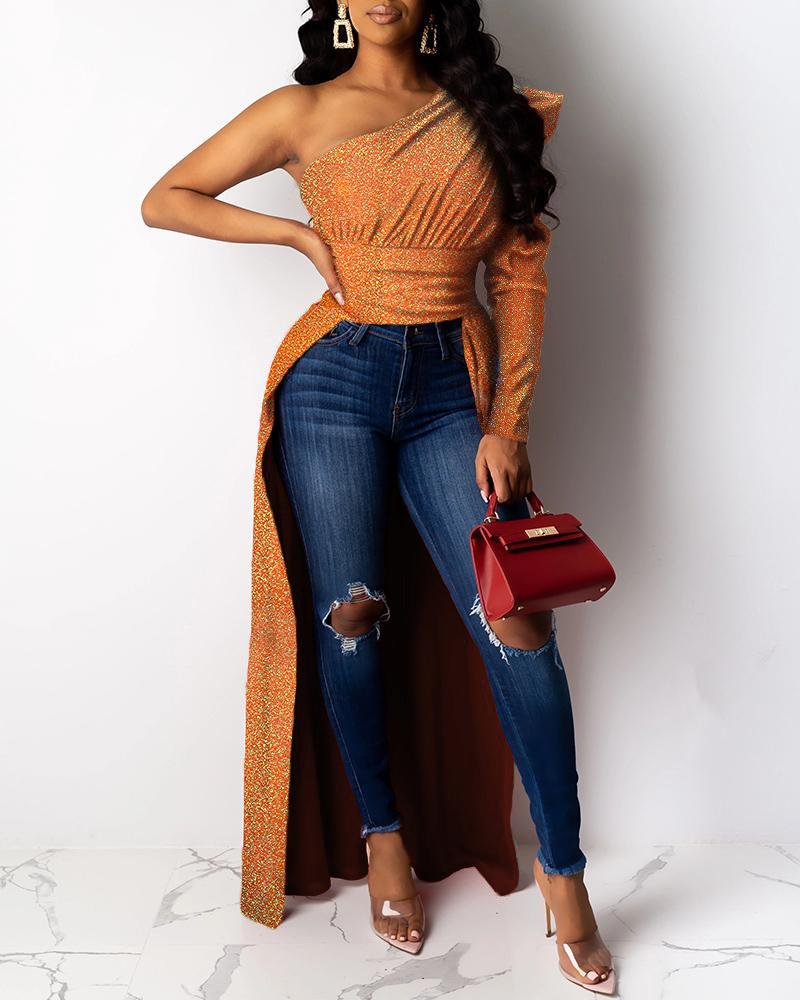 

Glitter One Shoulder Dip Hem Blouse, Orange