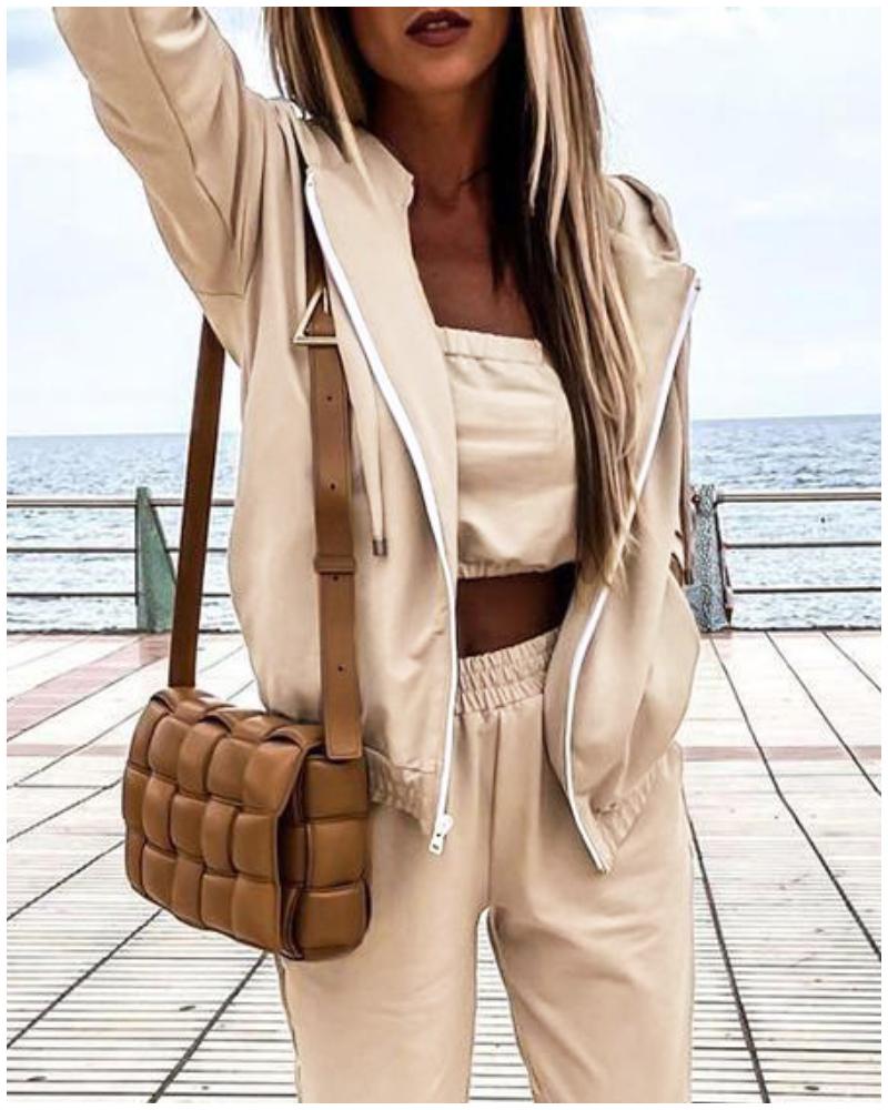 

Plain Zipper Design Long Sleeve Hooded Coat, Apricot