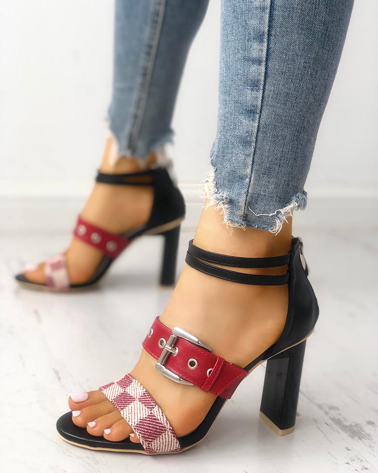 

Grid Buckled Zipper Chunky Heeled Sandals, Black