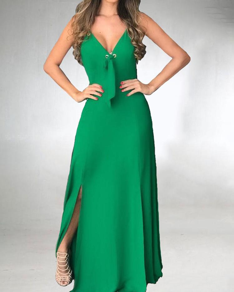

Spaghetti Strap Slit Open Back Maxi Dress