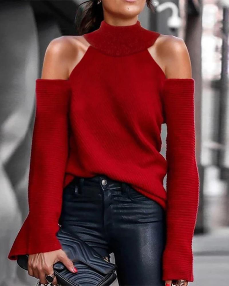 

Solid Cold Shoulder Long Sleeve Casual Sweater, Red