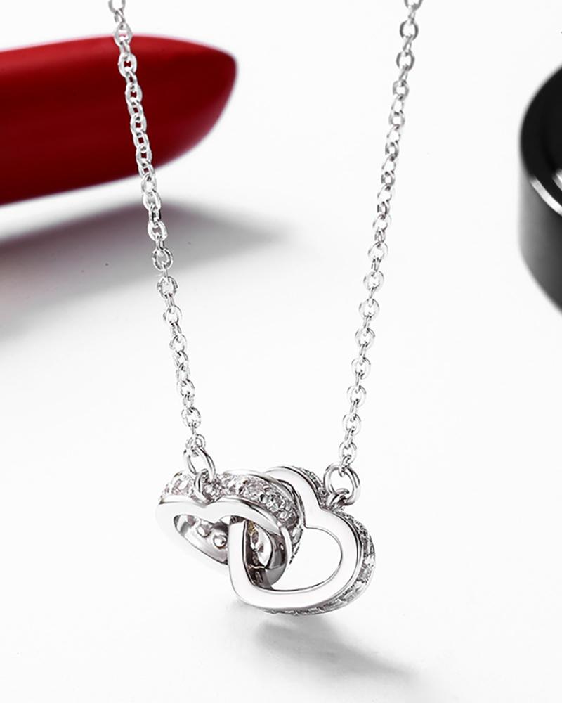 

Double Heart Studded Chain Necklace, Silver
