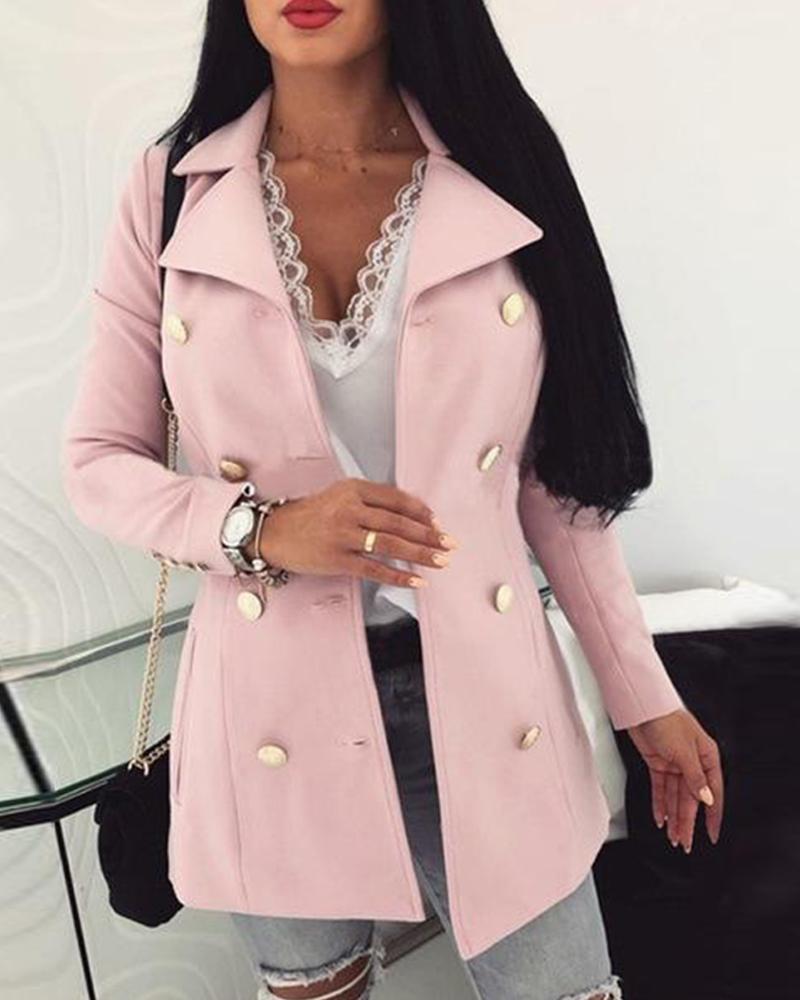 

Long Sleeve Collared Button-Up Coat, Pink