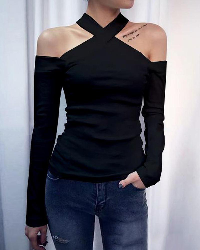 

Solid Halter Cold Shoulder Top, Black