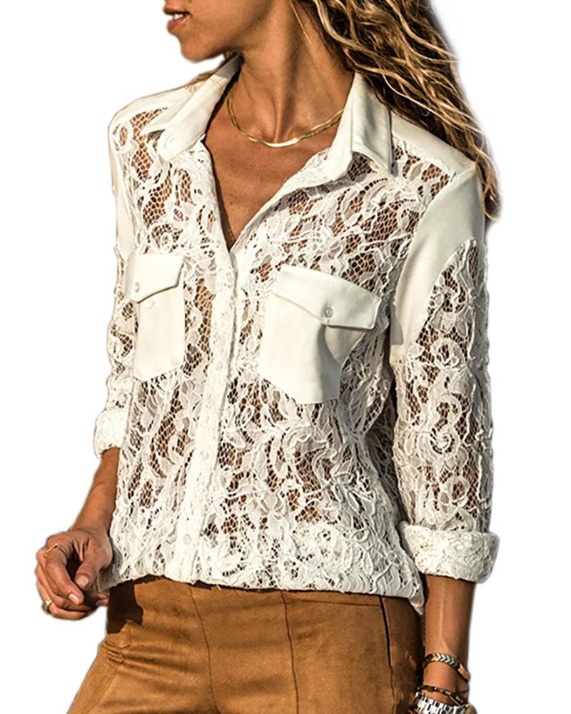 

See Through Lace Long Sleeve Blouses, White