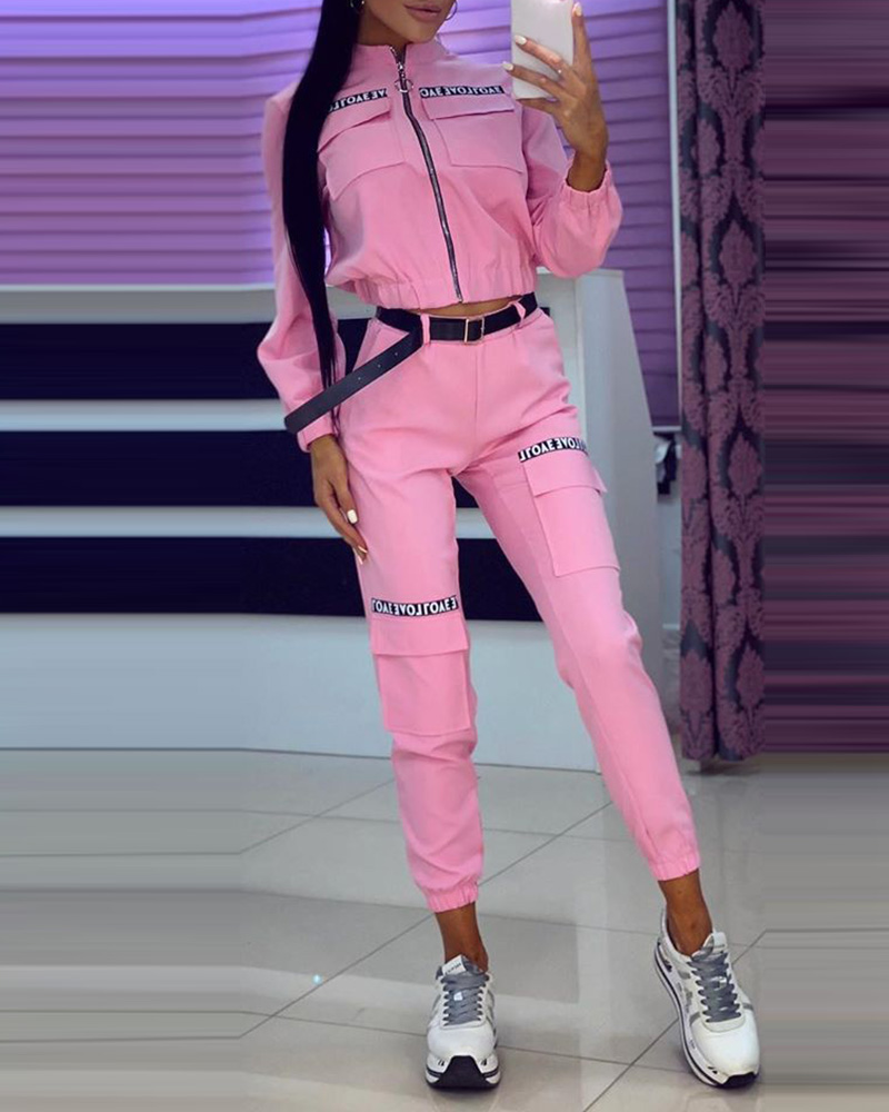 

Letter Print Pocket Design Coat & Cargo Pants Sets, Pink