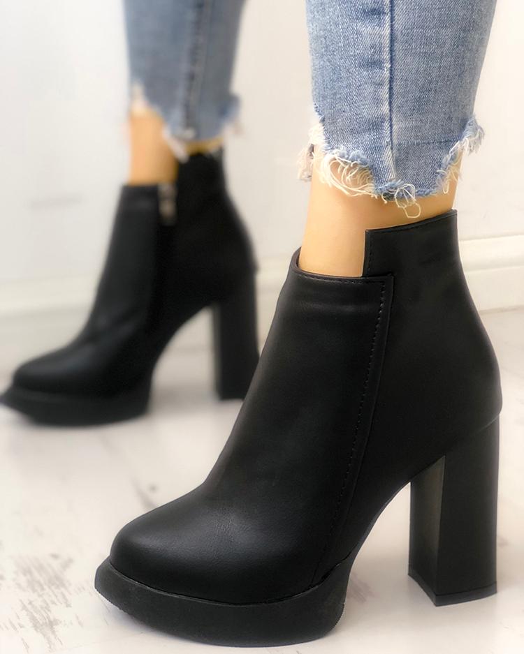 

Solid Pointed Toe Zipper Side Chunky Heeled Boots, Black