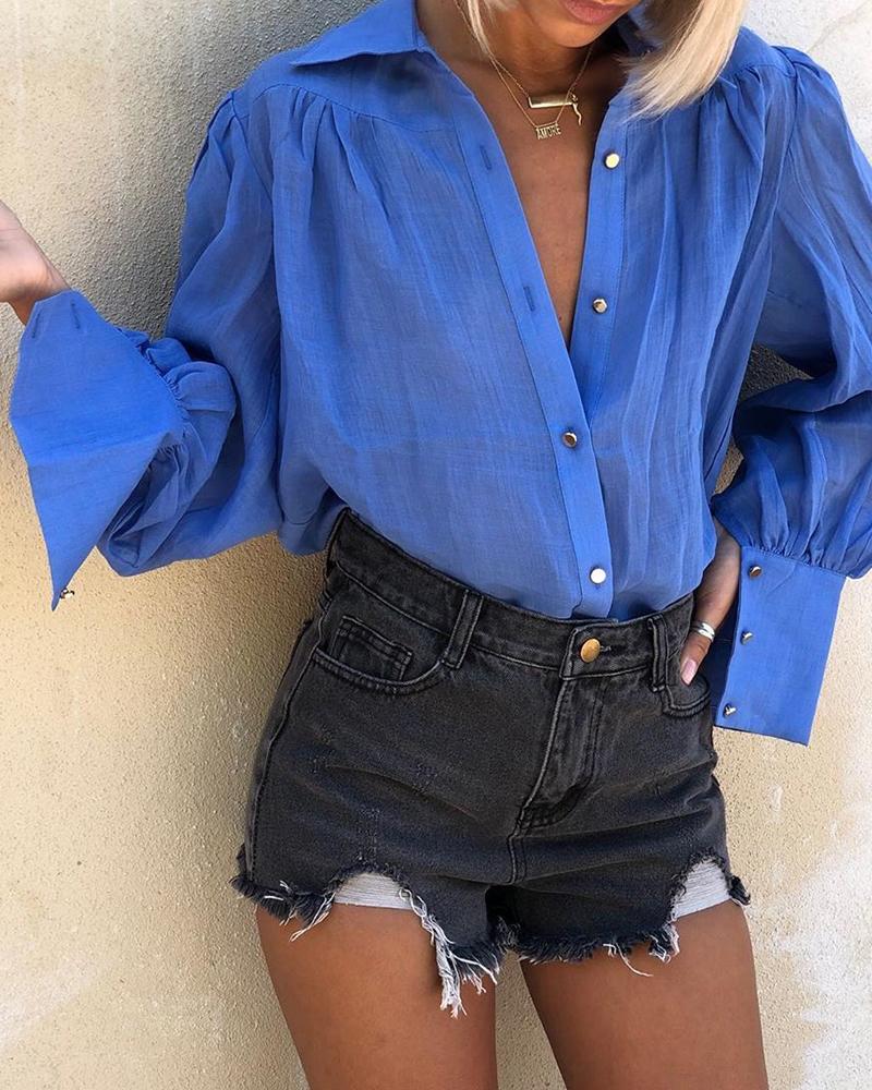 

Solid Long Sleeve Casual Blouse, Blue