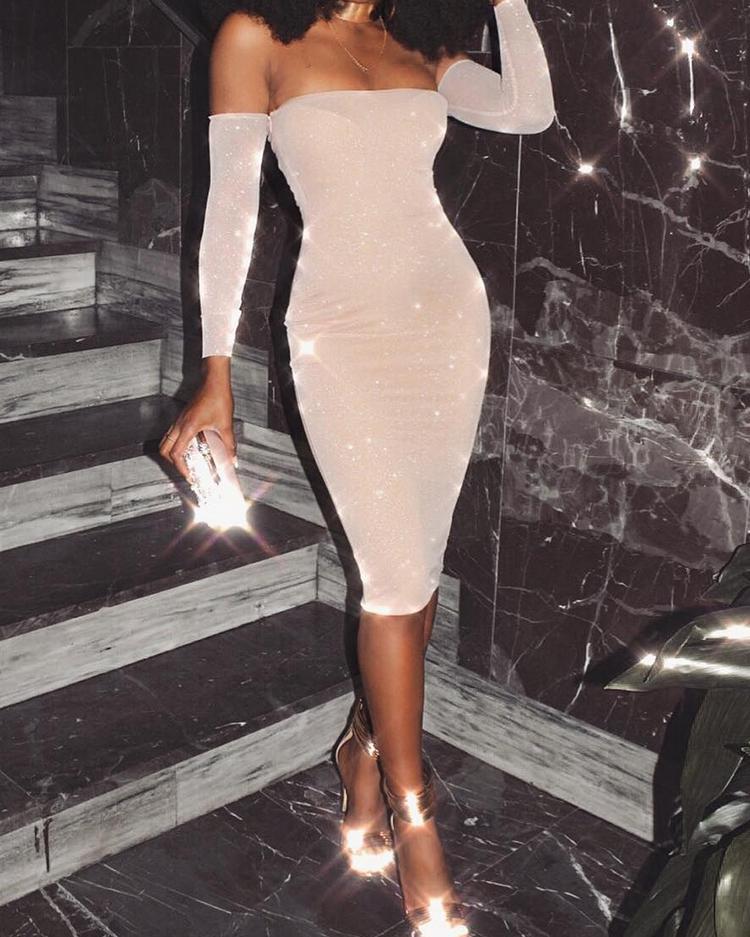 

Glittering Off Shoulder Bodycon Midi Dress, Nude