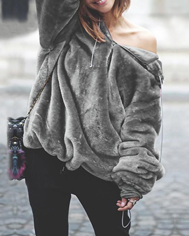 

Solid Hooded Drawstring Fluffy Sweatshirt, Gray
