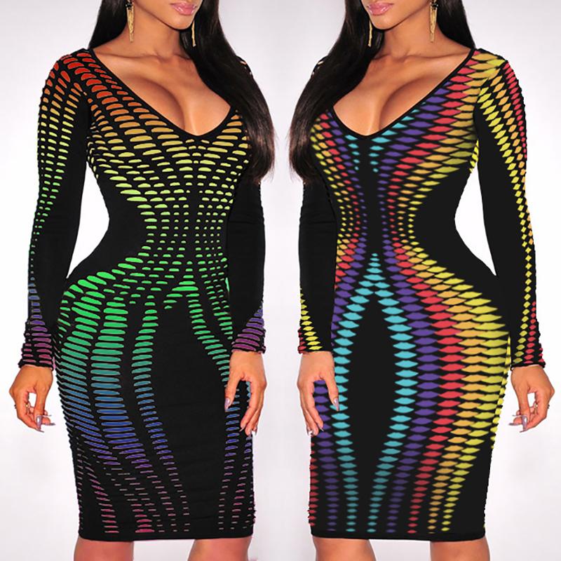 

Long Sleeve Stripe Bodycon Dress, Green;blue