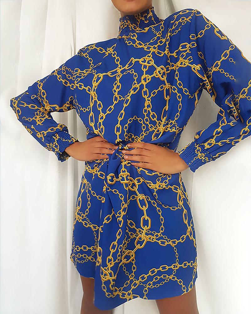 

Baroque Print High Neck Dress, Dark blue