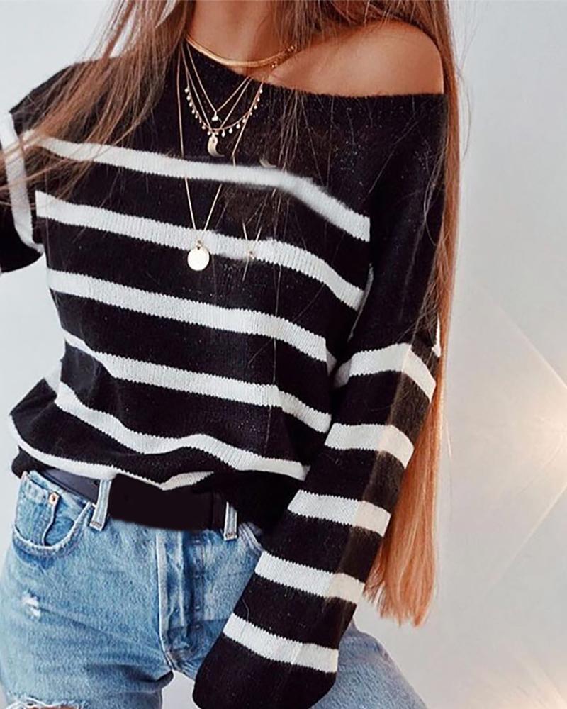 

Striped Colorblock Knit Casual Sweater, Black