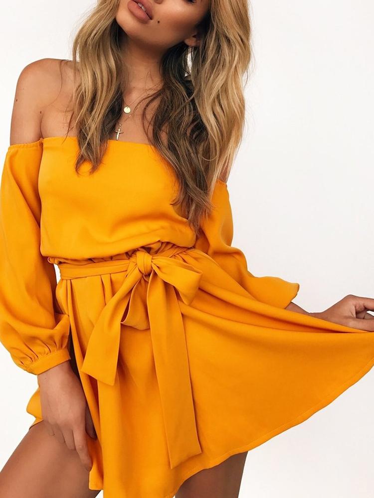 

Trendy Off Shoulder Belted Casual Dress