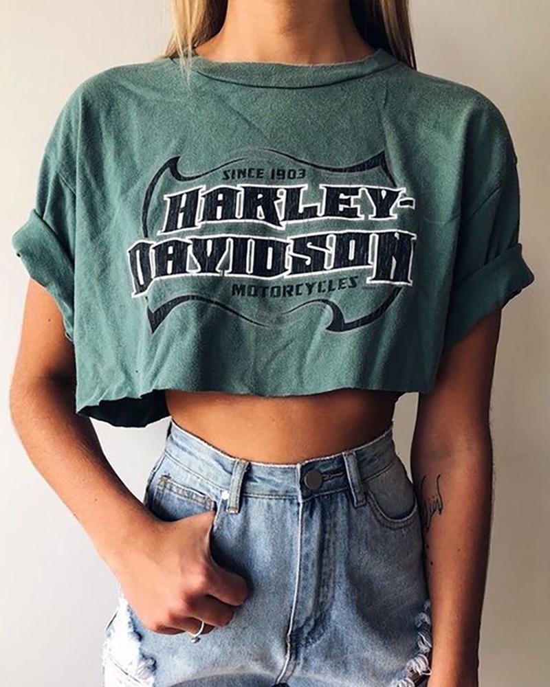 

Letter Print Short Sleeve T-shirt, Green