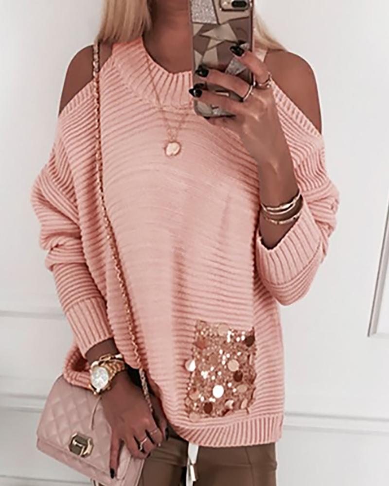 

Cold Shoulder Batwing Sleeve Ribbed Sequins Insert Sweater, Pink