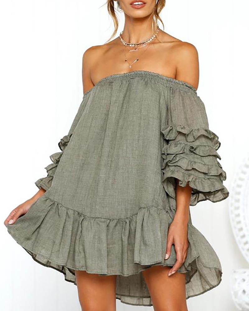 

Off Shoulder Ruffles Half Sleeve Casual Dress, Green