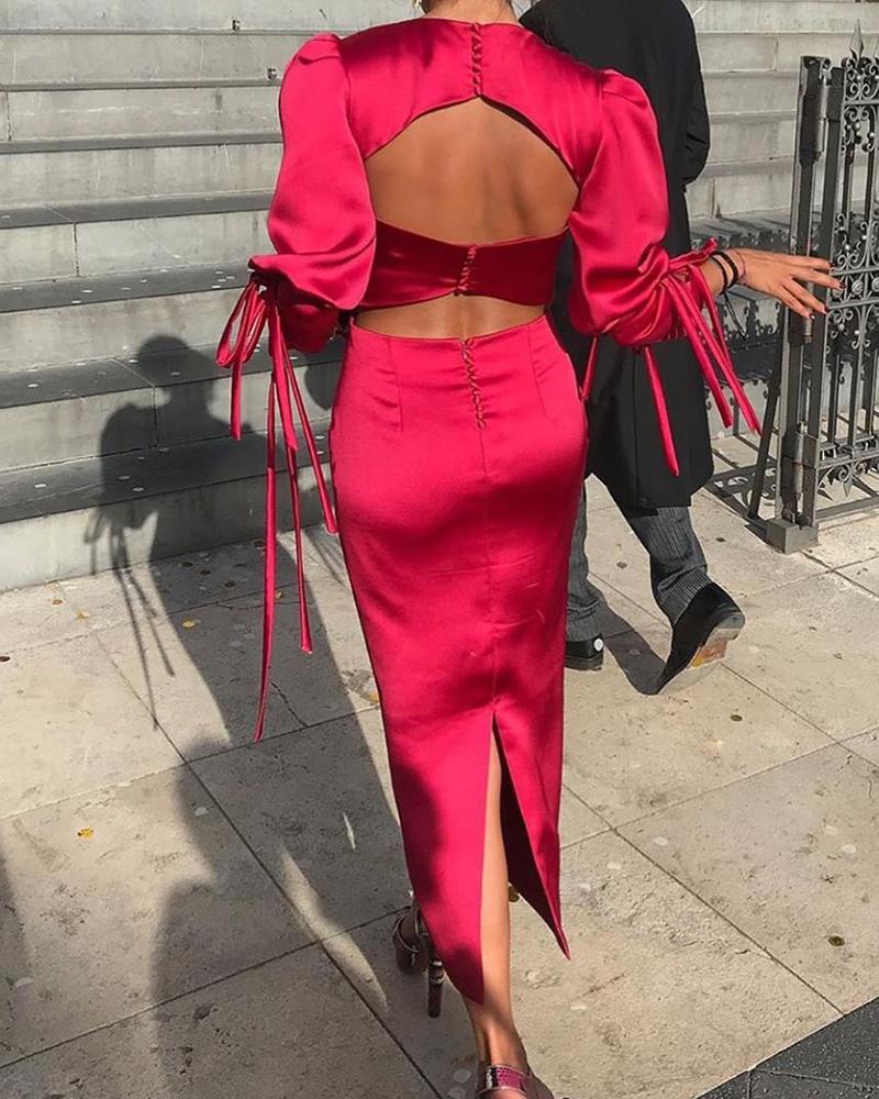 

Open Back Slit Tie Cuff Formal Dress