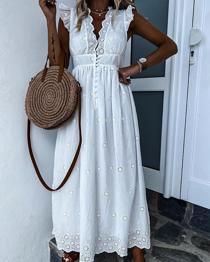 

Eyelet Embroidery Flutter Sleeve Casual Dress, White