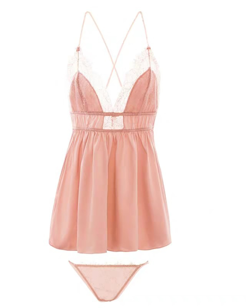 

Lace Trim Backless Nightgown With Thong, Pink