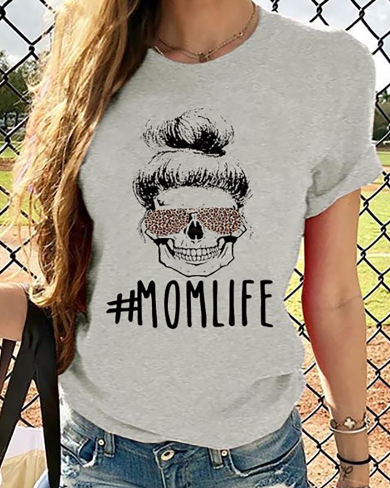 

Letter Print Skull Pattern Short Sleeve T-shirt, Gray