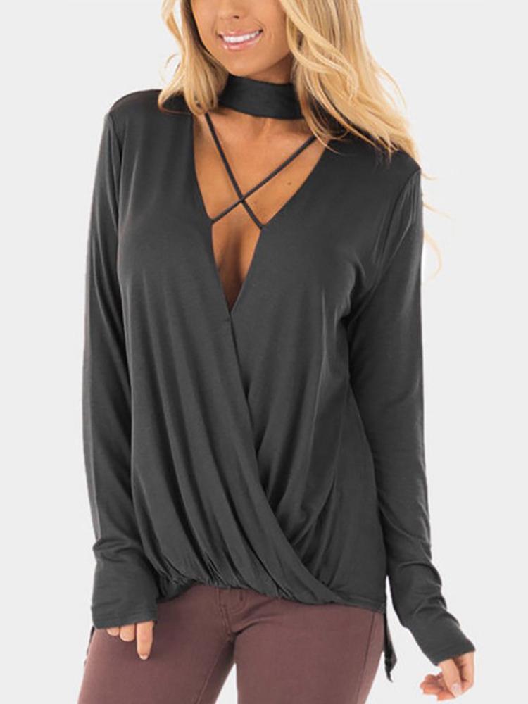 

Solid Choker Crisscross Wrap Blouse, Gray