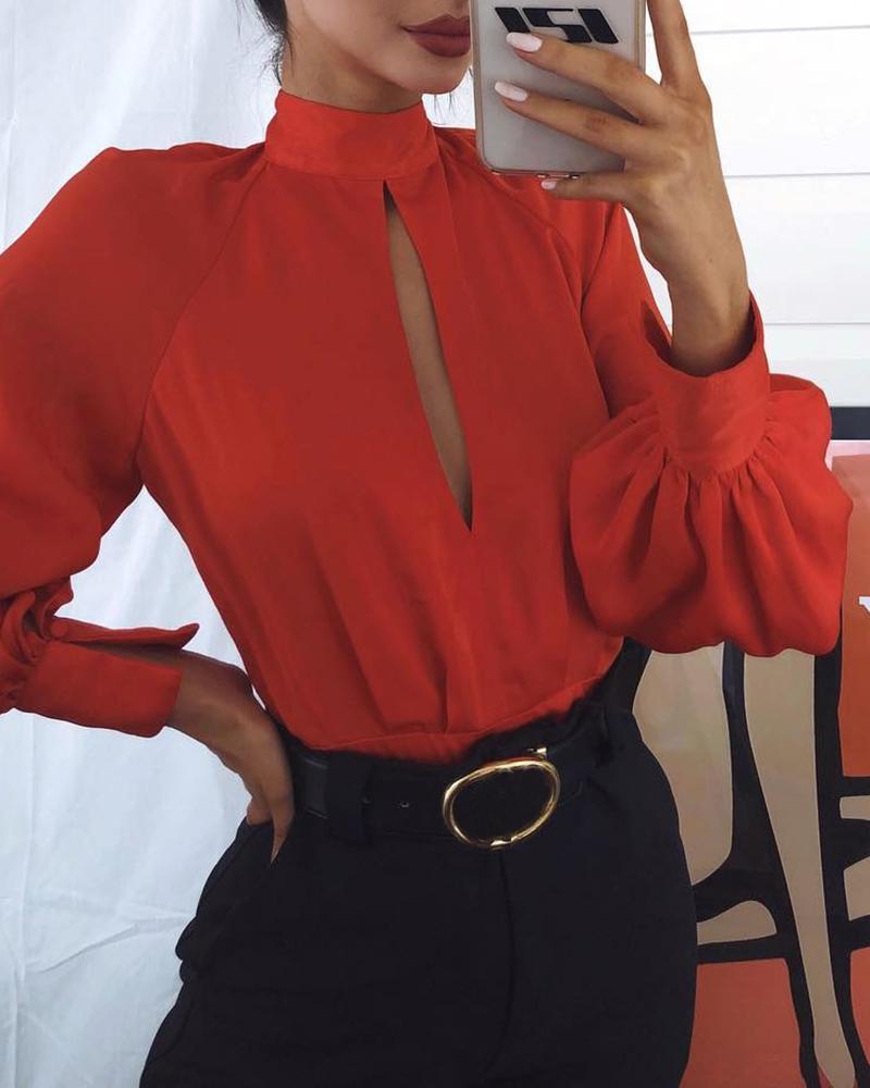 

Lantern Sleeve Slit Solid Blouse, Red