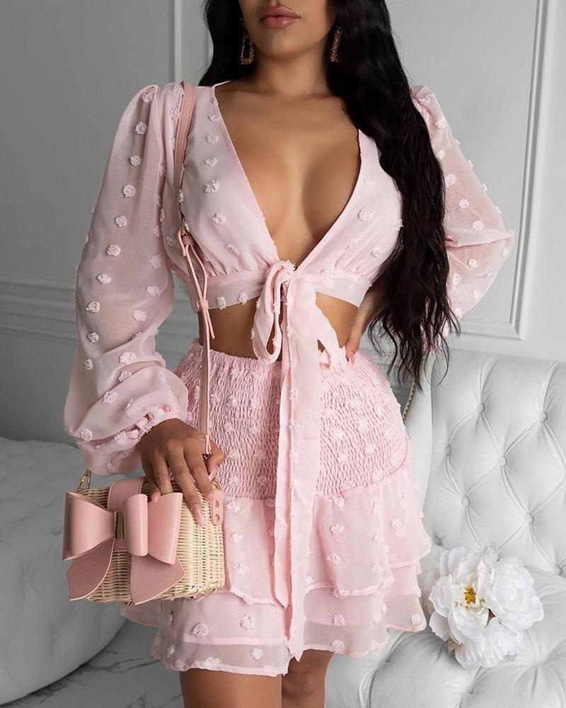 

Swiss Dots Mesh Top & Skirt Set, Pink